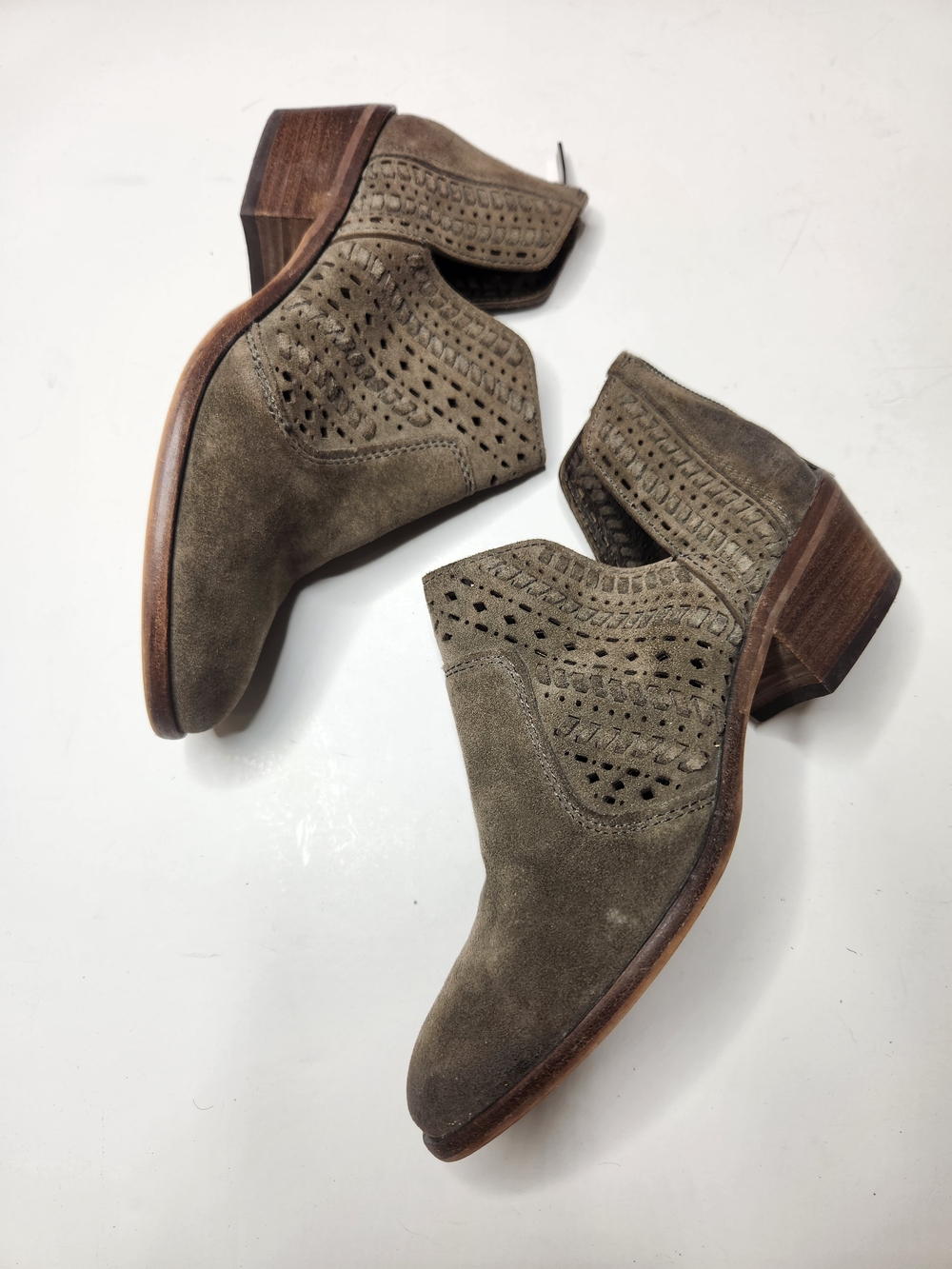Vince Camuto Olive Taupe Suede Laser-Cut Ankle Booties - Picture 2 of 7